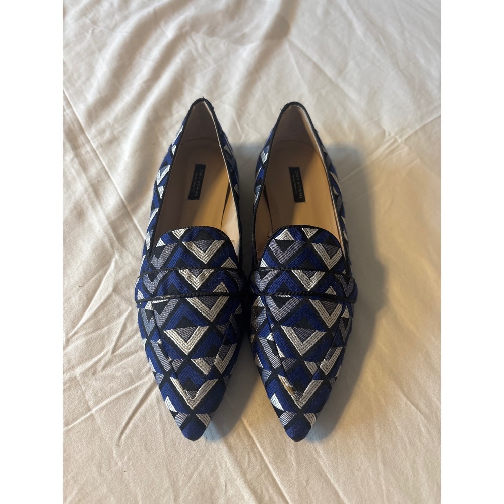 Zara Loafers Women 39 Blue Geometric Jacquard Pointed Toe Flats Good